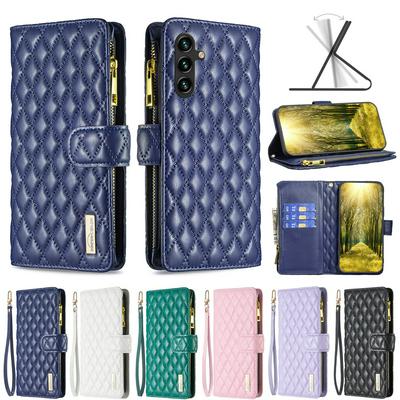 BINFEN COLOR BF15 for Samsung Galaxy A56 5G Anti-drop Zipper Pocket Phone Case Imprinted Rhombus Pattern Flip Wallet Cover Stand