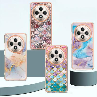 For Oppo Reno 12F IMD Anti-dirt Anti-scratch Soft TPU Case Electroplating Edge IMD Marble Floral Pattern Cover