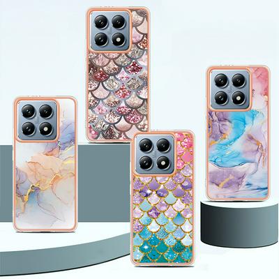 For Xiaomi 14T IMD Anti-dirt Anti-scratch Soft TPU Case Electroplating Edge IMD Marble Floral Pattern Cover
