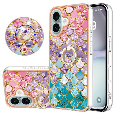 For iPhone 16 Plus IMD Series-6 Ring Kickstand Feature Anti-wear Electroplated Frame TPU Case IMD Protective Back Cover