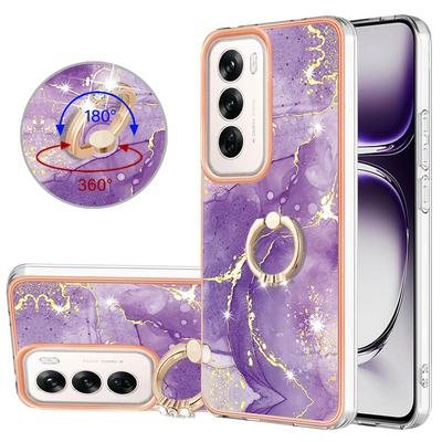 For Oppo Reno 12 YB IMD Series Marble Pattern Electroplating Case Ring Grip Kickstand Soft TPU IMD Phone Cover