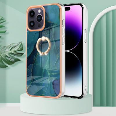 For iPhone 16 Pro Max YB IMD Series Marble Pattern Electroplating Case Ring Grip Kickstand Soft TPU IMD Phone Cover