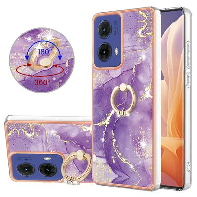 For Motorola Moto G85 YB IMD Series Marble Pattern Electroplating Case Ring Grip Kickstand Soft TPU IMD Phone Cover