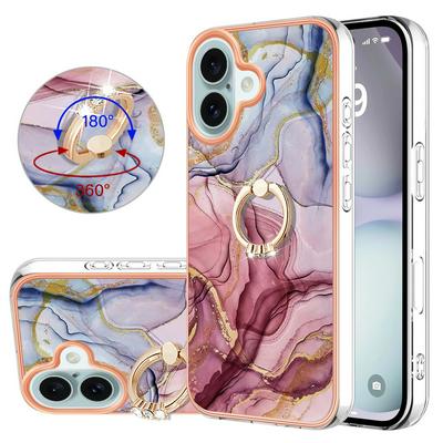 For iPhone 16 Plus YB IMD Series Marble Pattern Electroplating Case Ring Grip Kickstand Soft TPU IMD Phone Cover