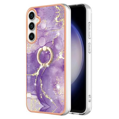 For Samsung Galaxy S24 FE YB IMD Series Marble Pattern Electroplating Case Ring Grip Kickstand Soft TPU IMD Phone Cover