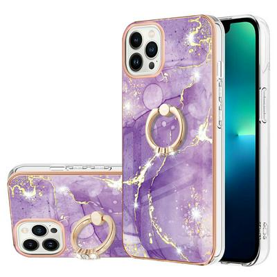 For iPhone 16 Pro Max YB IMD Series Marble Pattern Electroplating Case Ring Grip Kickstand Soft TPU IMD Phone Cover