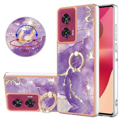 For Motorola Moto Edge 50 Fuison YB IMD Series Marble Pattern Electroplating Case Ring Grip Kickstand Soft TPU IMD Phone Cover