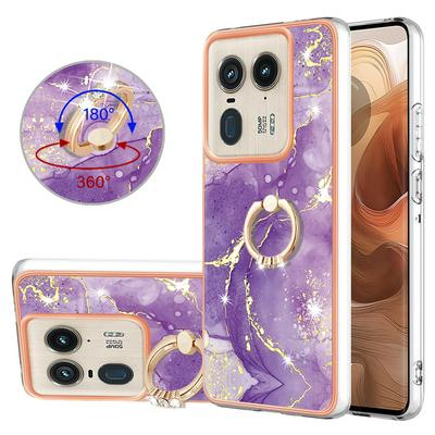 For Motorola Moto Edge 50 Ultra YB IMD Series Marble Pattern Electroplating Case Ring Grip Kickstand Soft TPU IMD Phone Cover