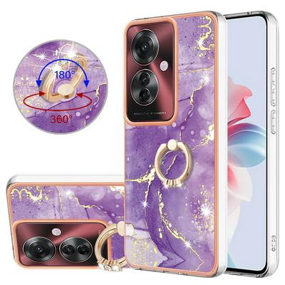 For Oppo Reno 11F 5G YB IMD Series Marble Pattern Electroplating Case Ring Grip Kickstand Soft TPU IMD Phone Cover