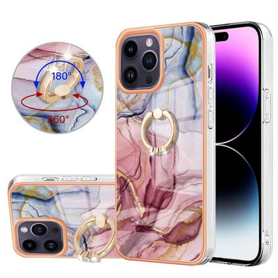 For iPhone 16 Pro YB IMD Series Marble Pattern Electroplating Case Ring Grip Kickstand Soft TPU IMD Phone Cover