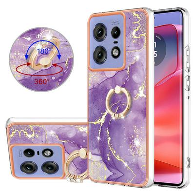 For Motorola Moto Edge 50 Pro YB IMD Series Marble Pattern Electroplating Case Ring Grip Kickstand Soft TPU IMD Phone Cover