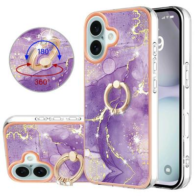 For iPhone 16 Plus YB IMD Series Marble Pattern Electroplating Case Ring Grip Kickstand Soft TPU IMD Phone Cover