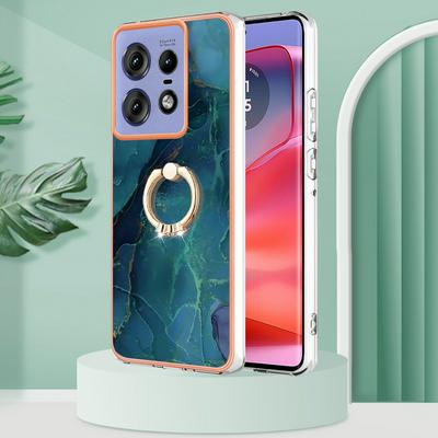 For Motorola Moto Edge 50 Pro YB IMD Series Marble Pattern Electroplating Case Ring Grip Kickstand Soft TPU IMD Phone Cover