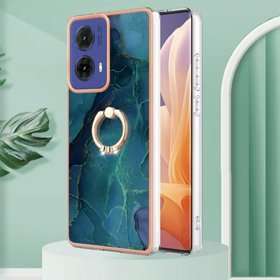 For Motorola Moto G85 YB IMD Series Marble Pattern Electroplating Case Ring Grip Kickstand Soft TPU IMD Phone Cover