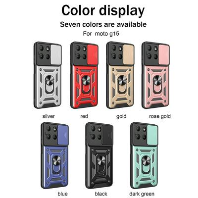 For Motorola Moto G15 / G15 Power Ring Holder Kickstand Camera Slide Cover Design PC + TPU Phone Back Cover Case