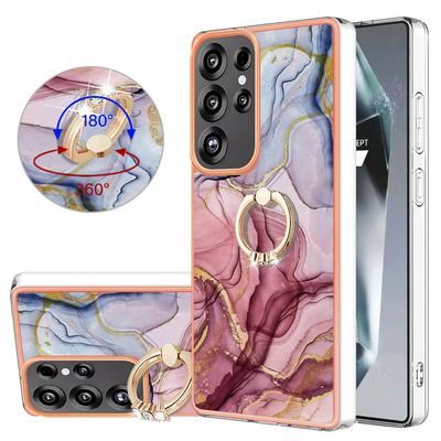 For Samsung Galaxy S25 Ultra YB IMD Series Marble Pattern Electroplating Case Ring Grip Kickstand Soft TPU IMD Phone Cover