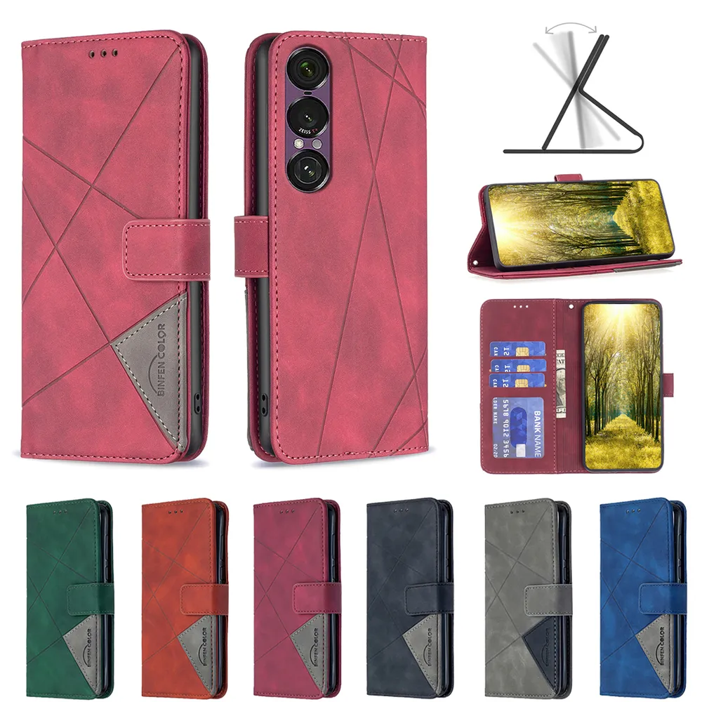 BF05 For Sony Xperia 1 VII Stitching Rhombus Pattern Folio Flip PU Leather Wallet Phone Case