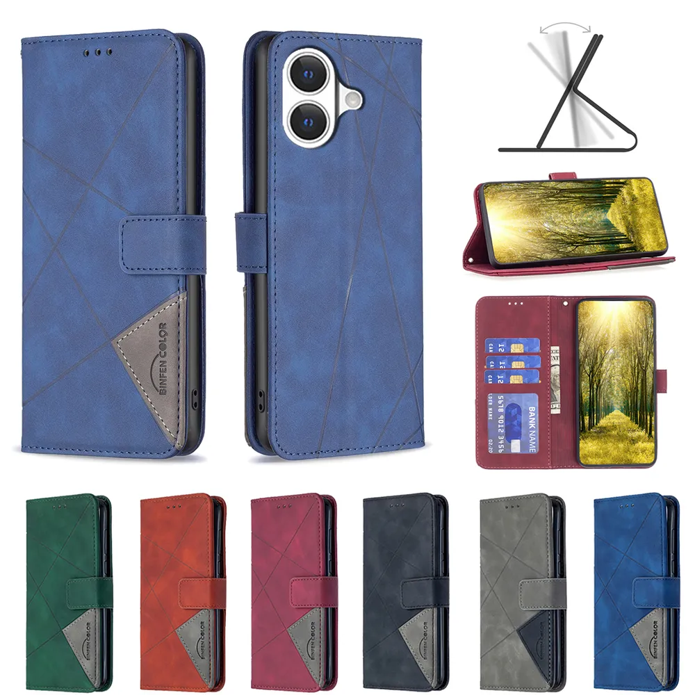 BF05 For iPhone 17 Stitching Rhombus Pattern Folio Flip PU Leather Wallet Phone Case