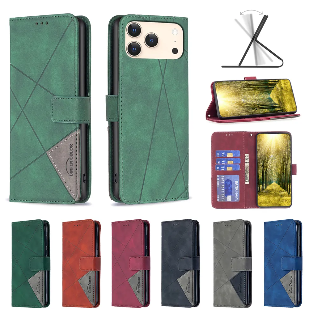 BF05 For iPhone 17 Pro Max Stitching Rhombus Pattern Folio Flip PU Leather Wallet Phone Case