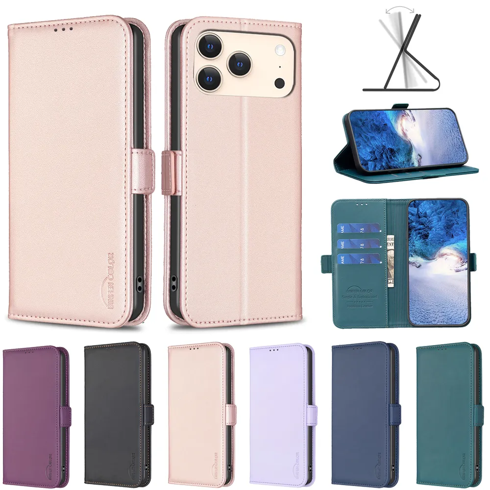 BINFEN COLOR BF31 For iPhone 17 Pro Max Case PU Leather+TPU Magnetic Stand Wallet Phone Cover