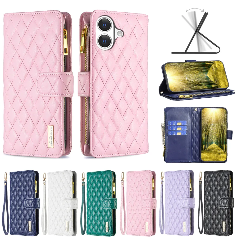 BINFEN COLOR BF15 for iPhone 17 Anti-drop Zipper Pocket Phone Case Imprinted Rhombus Pattern Flip Wallet Cover Stand