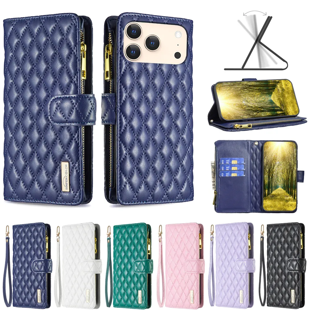 BINFEN COLOR BF15 for iPhone 17 Pro Max Anti-drop Zipper Pocket Phone Case Imprinted Rhombus Pattern Flip Wallet Cover Stand