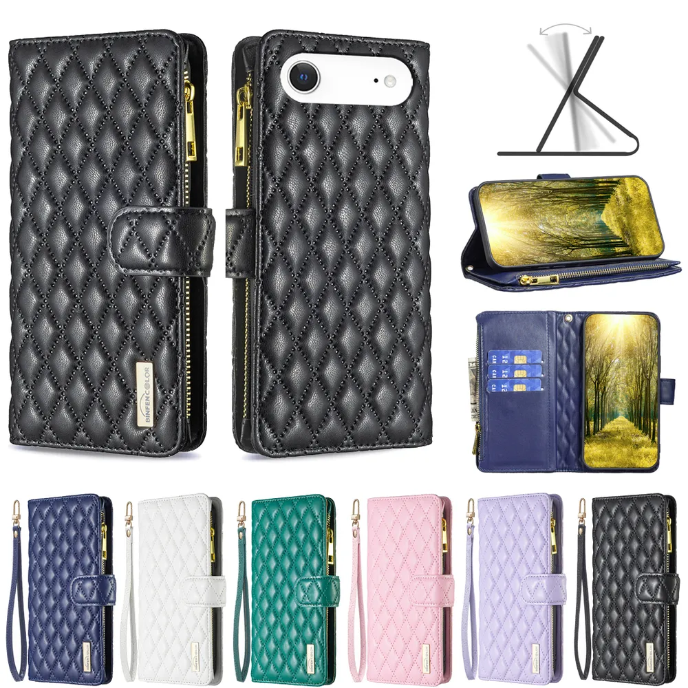 BINFEN COLOR BF15 for iPhone 17 Air / 17 Plus Anti-drop Zipper Pocket Phone Case Imprinted Rhombus Pattern Flip Wallet Cover Stand