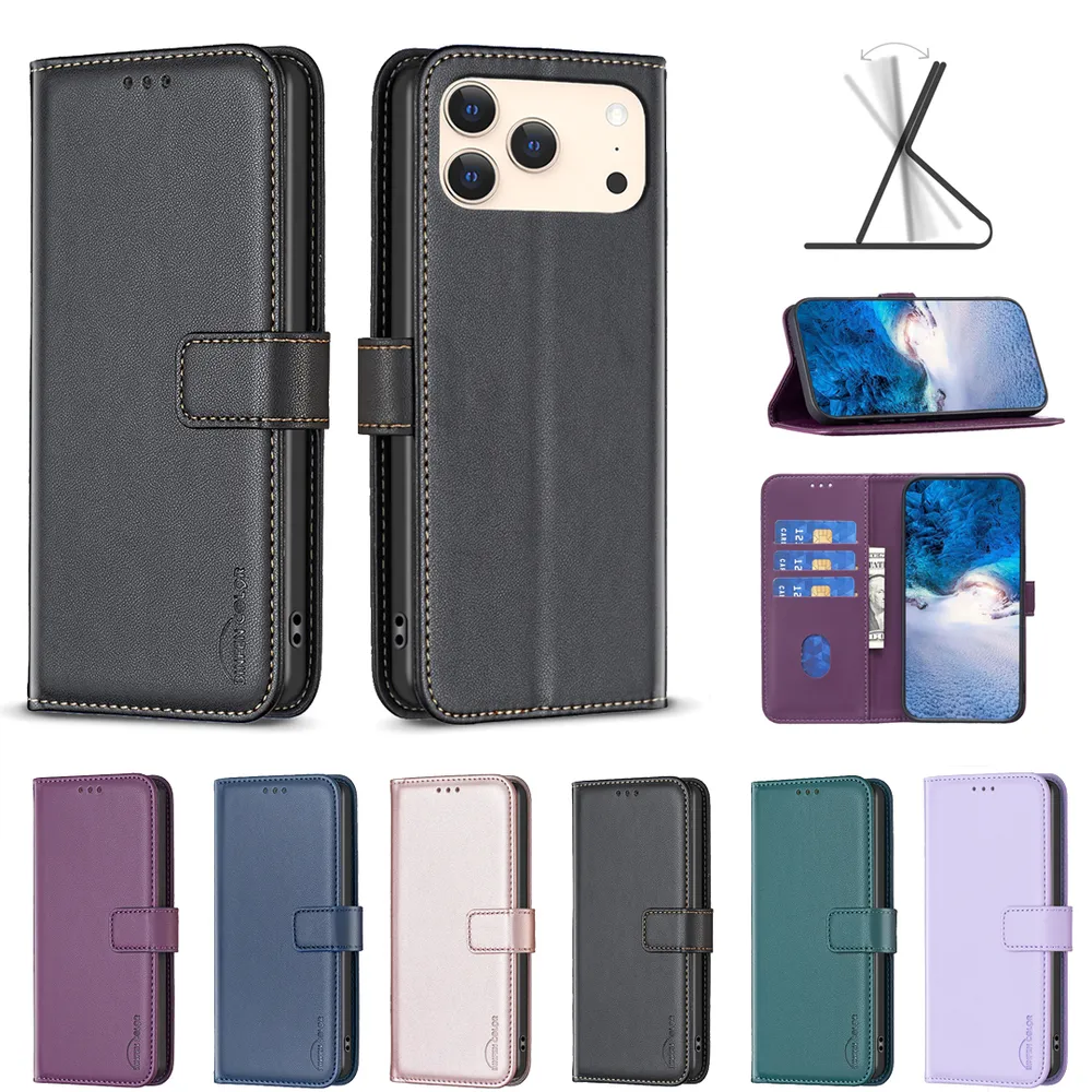 BINFEN COLOR BF17 For iPhone 17 Pro Max PU Leather Wallet Case Magnetic Folio Flip Stand Phone Cover