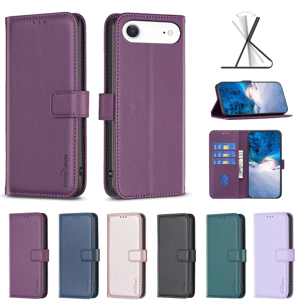 BINFEN COLOR BF17 For iPhone 17 Air / 17 Plus PU Leather Wallet Case Magnetic Folio Flip Stand Phone Cover