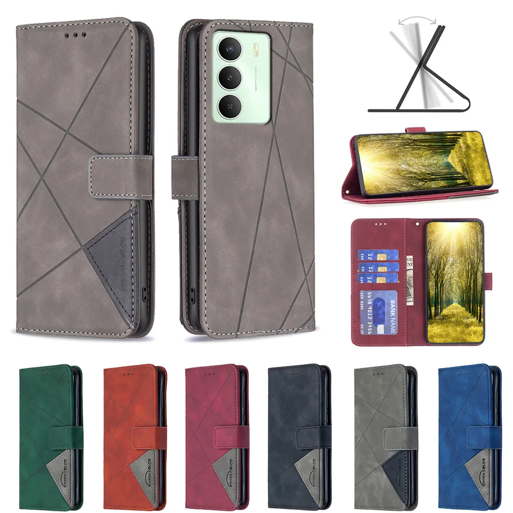 BF05 For Realme 14X 5G Stitching Rhombus Pattern Folio Flip PU Leather Wallet Phone Case