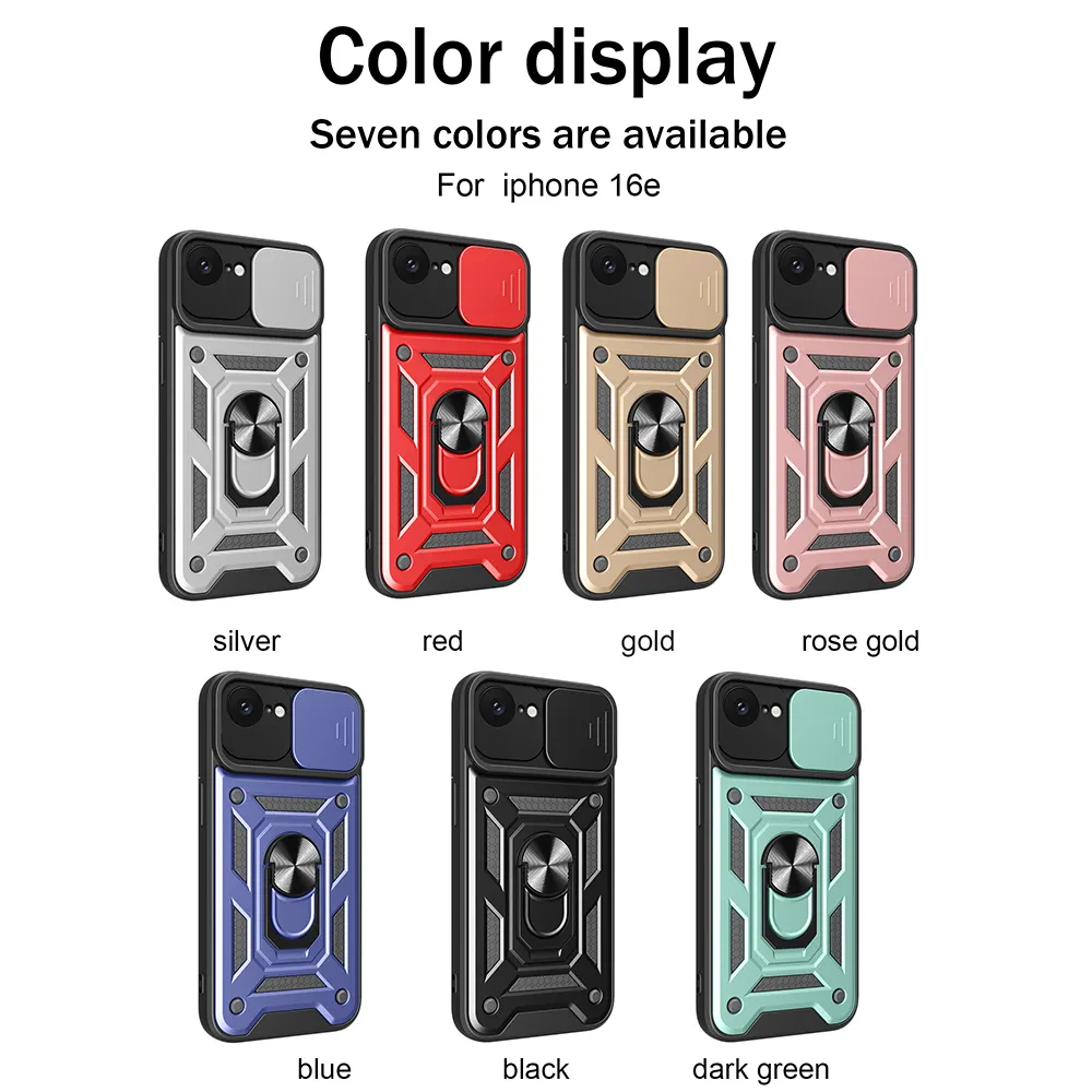 For iPhone 16E Ring Holder Kickstand Camera Slide Cover Design PC + TPU Phone Back Cover Case
