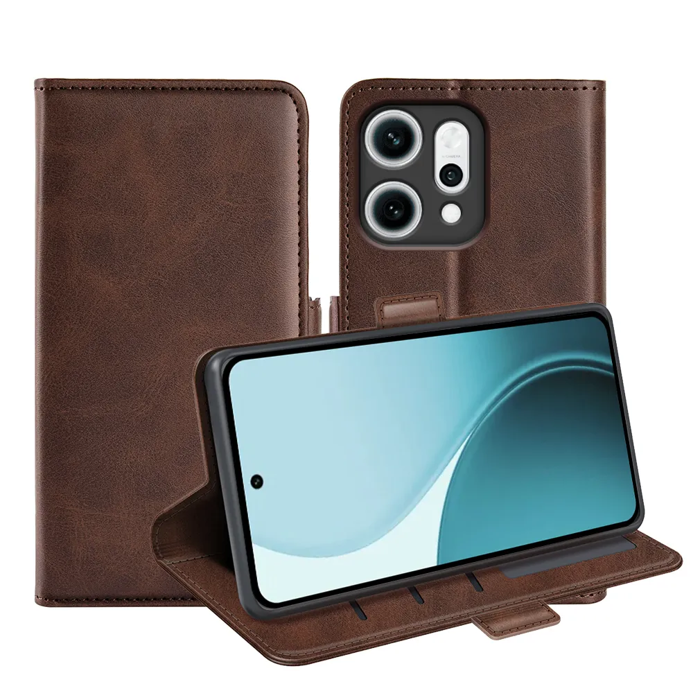 For Oppo Reno 14 5G Double Buckle Wallet Style Folio Flip Leather Case with Stand and Card Slots Function