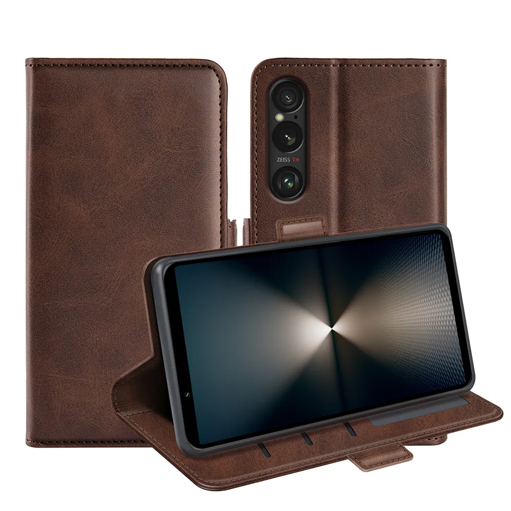 For Sony Xperia 1 VII Double Buckle Wallet Style Folio Flip Leather Case with Stand and Card Slots Function