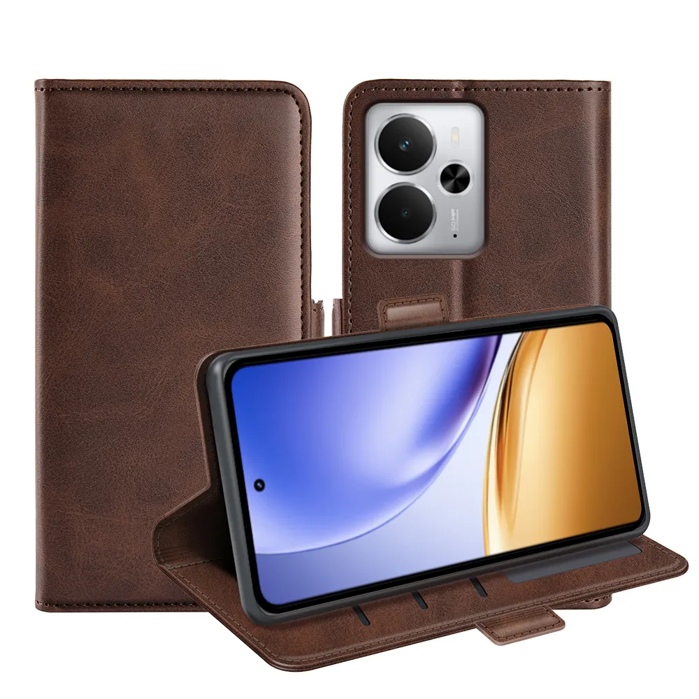 For Realme 14 5G Double Buckle Wallet Style Folio Flip Leather Case with Stand and Card Slots Function
