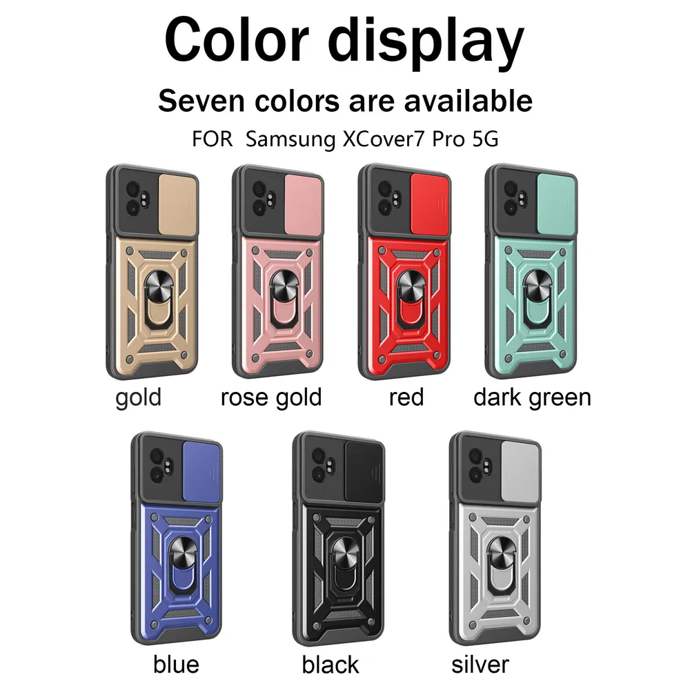 Samsung Galaxy Xcover 7 Pro 5G Ring Holder Kickstand Camera Slide Cover Design PC + TPU Phone Back Cover Case