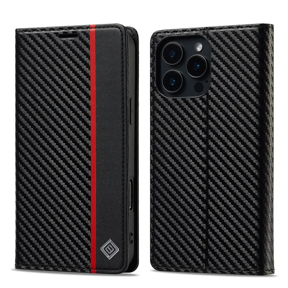 LC.IMEEKE For iPhone 16 Pro Max Carbon Fiber Pattern Anti-fall Folio Flip Leather Case with Card Slots