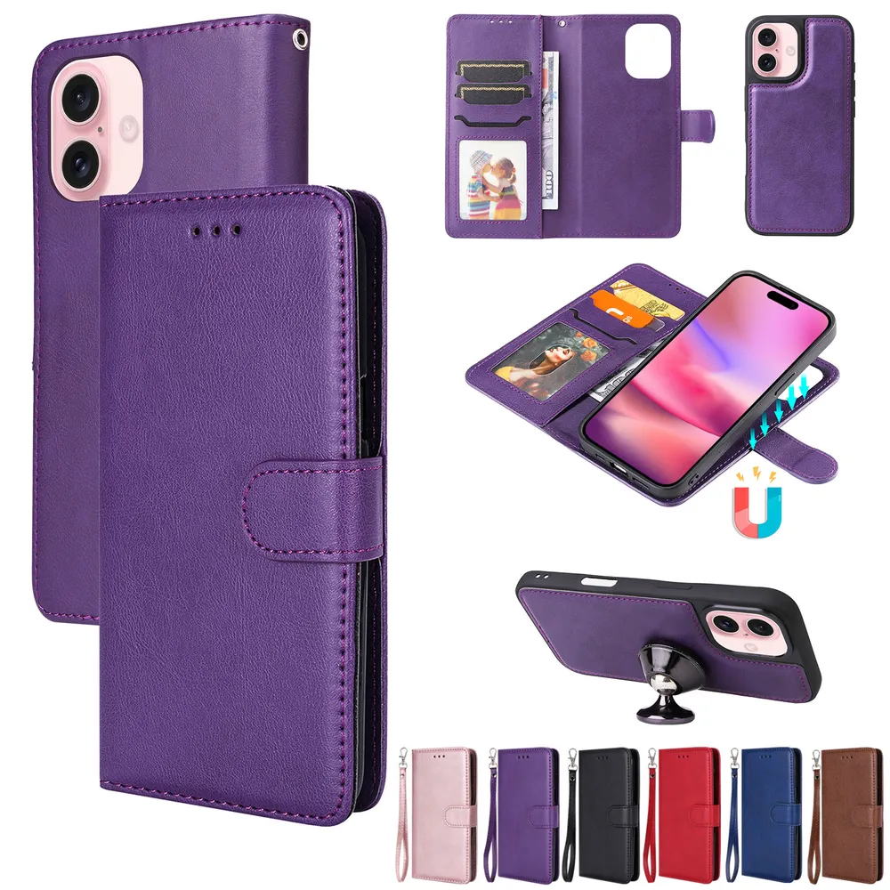 For iPhone 16 Solid Color Detachable 2 in 1 Strong Magnetic PU Leather Phone Case
