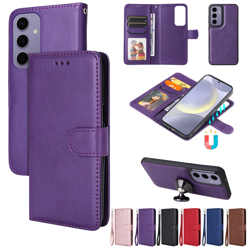 For Samsung Galaxy S25 Plus Solid Color Detachable 2 in 1 Strong Magnetic PU Leather Phone Case