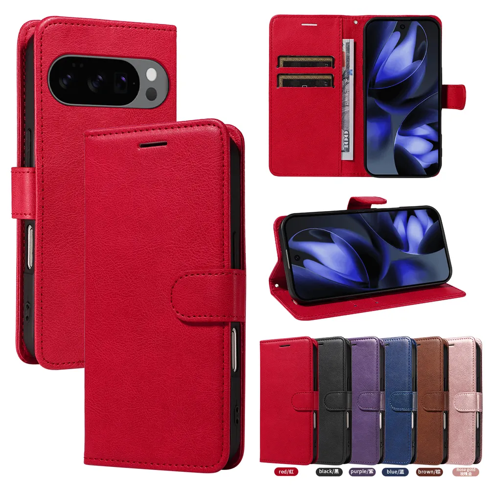 Solid Color Pattern Scratch Resistant Clamshell PU Leather Phone Protective Case with Lanyard&Card Slots for Google Pixel 9 5G/Pixel 9 Pro 5G