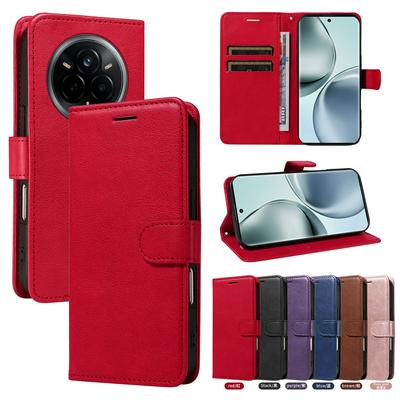 Solid Color Pattern Scratch Resistant Clamshell PU Leather Phone Protective Case with Lanyard&Card Slots for Realme 14 Pro
