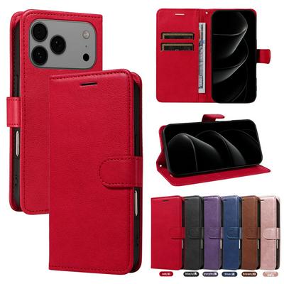 Solid Color Pattern Scratch Resistant Clamshell PU Leather Phone Protective Case with Lanyard&Card Slots for iPhone 17 Pro Max