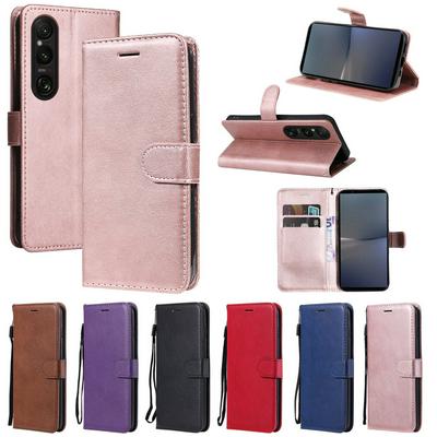 Solid Color Pattern Scratch Resistant Clamshell PU Leather Phone Protective Case with Lanyard&Card Slots for Sony Xperia 1 VI 2024