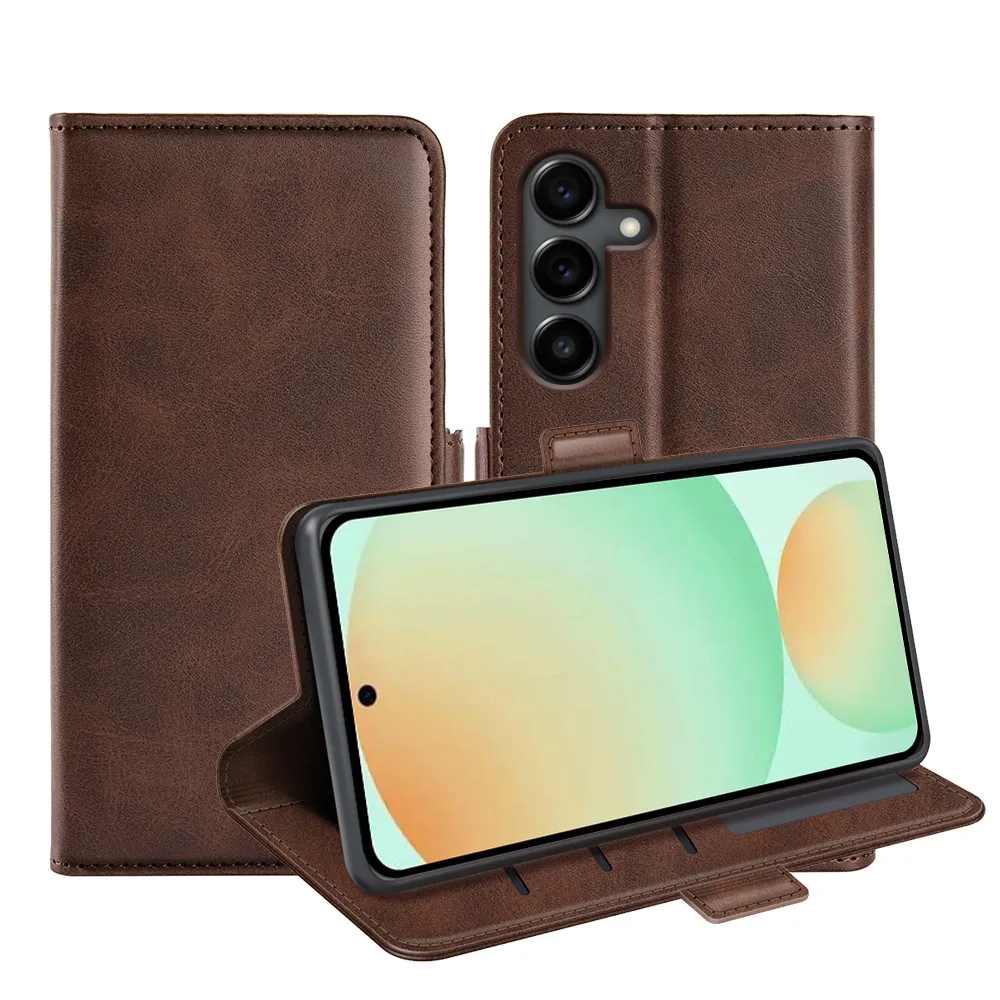 For Samsung Galaxy S25 FE 5G Double Buckle Wallet Style Folio Flip Leather Case with Stand and Card Slots Function