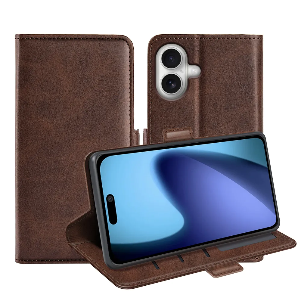 For iPhone 17 Double Buckle Wallet Style Folio Flip Leather Case with Stand and Card Slots Function