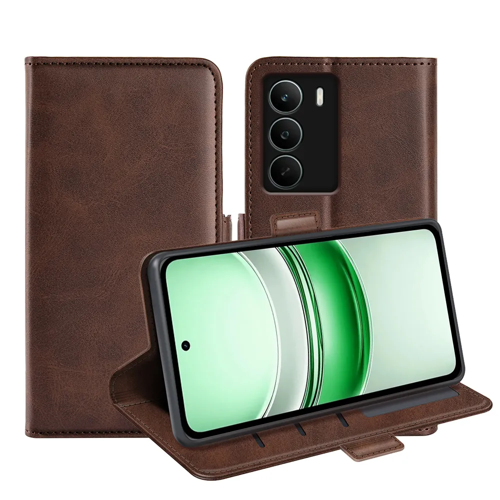 For Realme C71 Double Buckle Wallet Style Folio Flip Leather Case with Stand and Card Slots Function