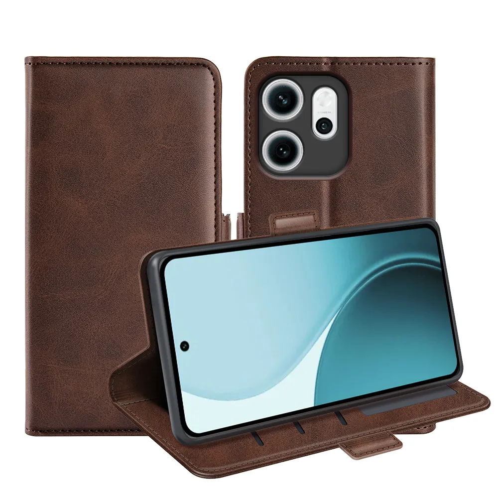 For Oppo Reno 14F 5G Double Buckle Wallet Style Folio Flip Leather Case with Stand and Card Slots Function