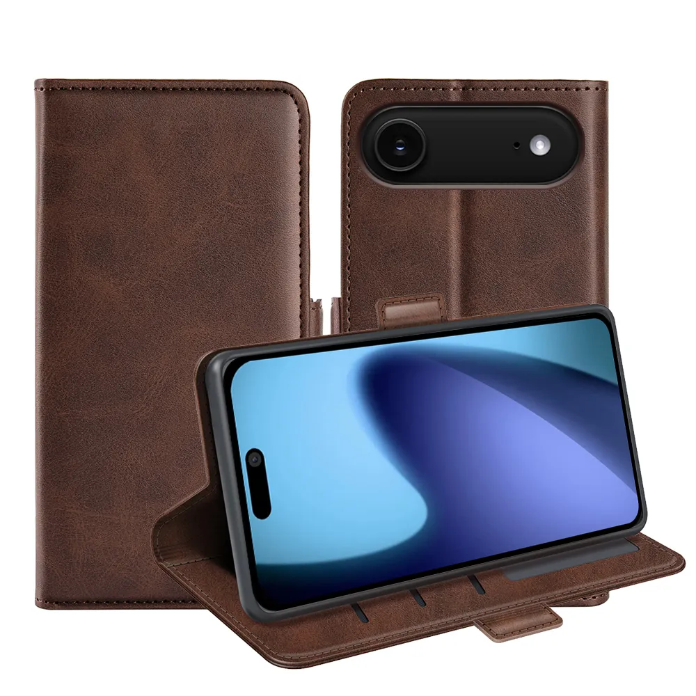 For iPhone 17 Air Double Buckle Wallet Style Folio Flip Leather Case with Stand and Card Slots Function