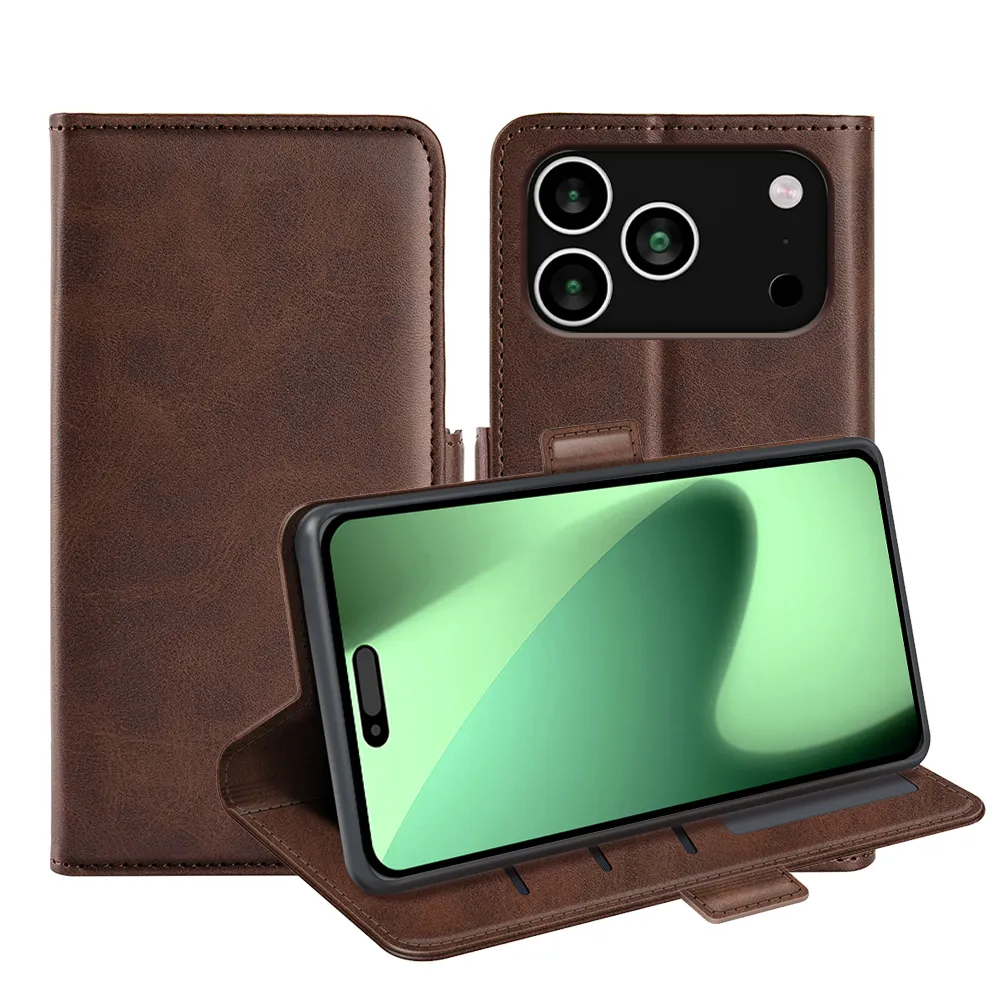 For iPhone 17 Pro Max Double Buckle Wallet Style Folio Flip Leather Case with Stand and Card Slots Function