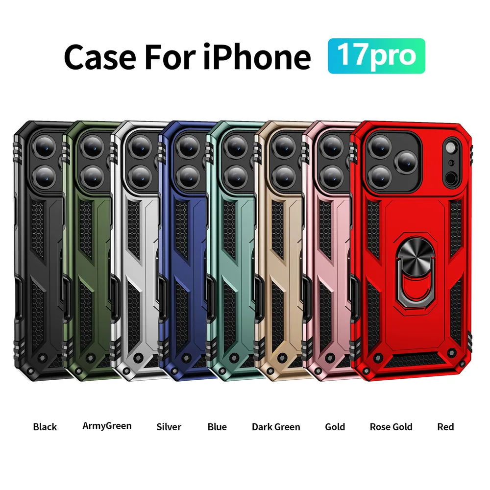 Sergeant Shockproof Drop-proof PC+TPU Phone Protective Case with Metal Ring Kickstand and Metal Patch for iPhone 17 Pro