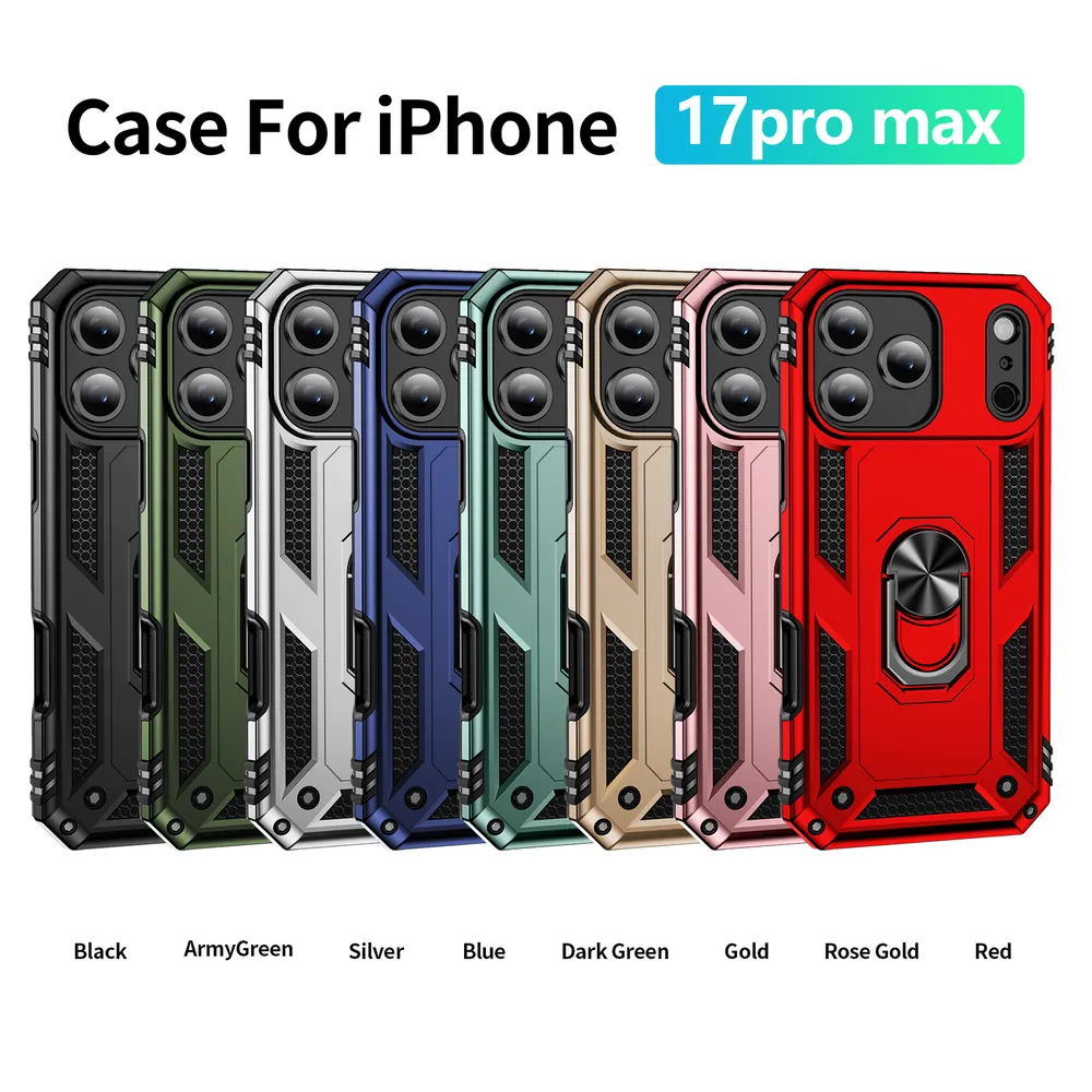 Sergeant Shockproof Drop-proof PC+TPU Phone Protective Case with Metal Ring Kickstand and Metal Patch for iPhone 17 Pro Max